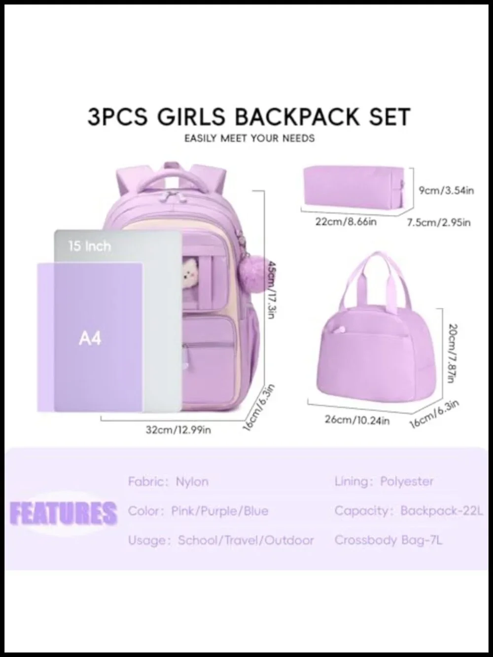 Girls Backpack Set with Lunch Box and Pencil Case, Lightweight Nylon,